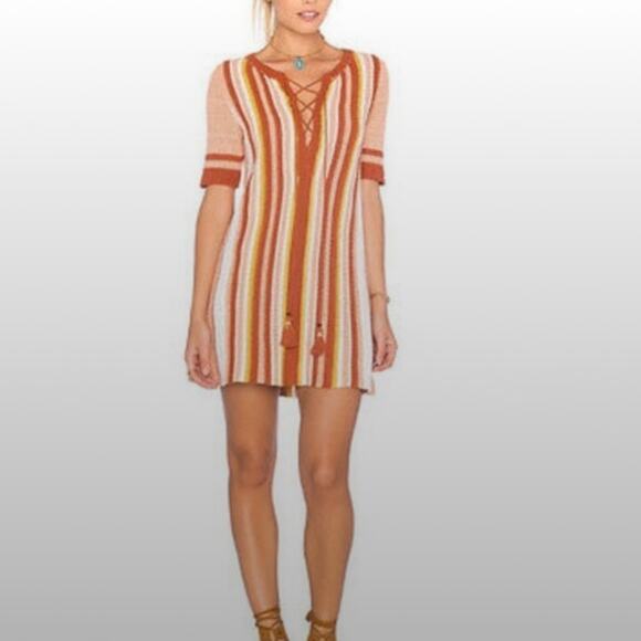 Free People Mini Dress Womens XS Lollipop Sunset Stripe Knit Boho Festival 70s - Picture 2 of 14